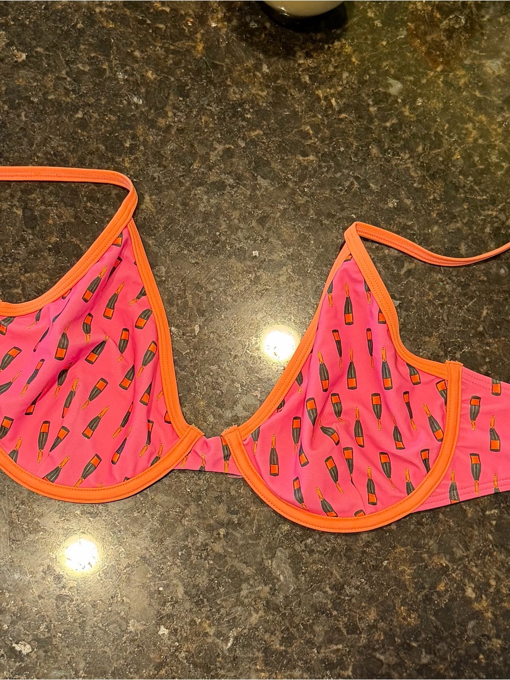 Hot Pink Bikini Top with Orange Trim and Champagne Bottle Print